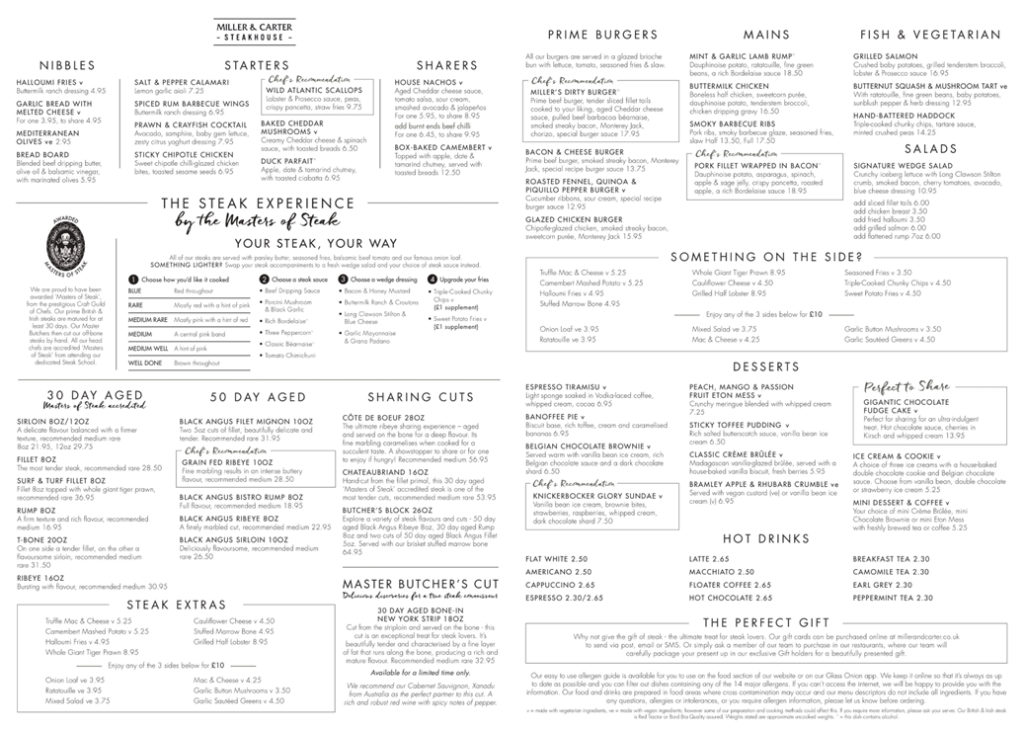 Miller Carter Dinner Menu
