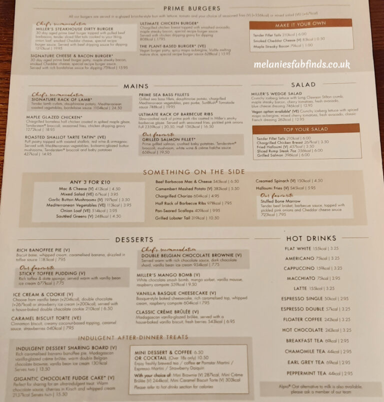 Miller and Carter drinks menu